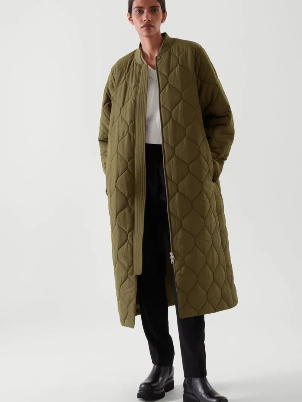 COS Quilted Minimalist Coat - Khaki Green - Size Small